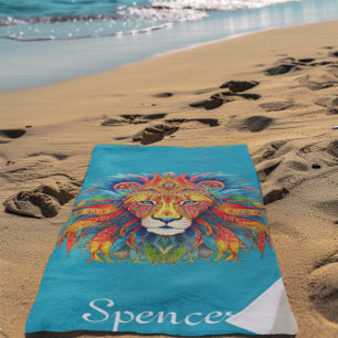 Majestic Tribal Lion with Custom Name Beach Towel