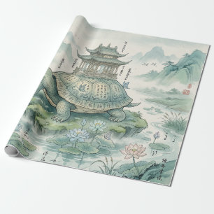 Majestic Turtle Pagoda Ink Art Wrapping Paper