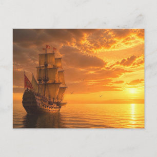 Majestic Vintage Galleon Ship Golden Ocean Sunset Postcard