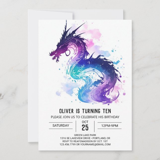 Majestic Watercolor Dragon Birthday Invitation (Front)