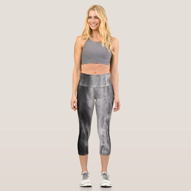 Majestic waterfall Boka, Slovenia black white  Capri Leggings (Front)