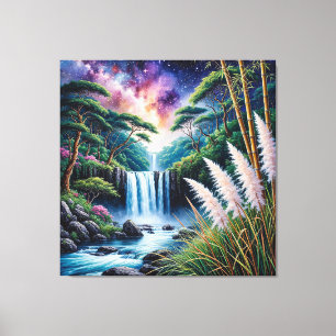 Majestic Waterfall in a Lush Forest Under a Sky Canvas Print