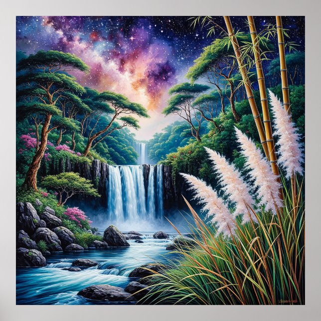 Majestic Waterfall in a Lush Forest Under a Sky Poster (Front)