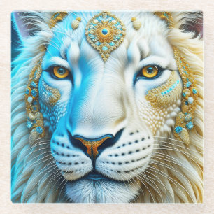 Majestic White and Gold Lion Glass Coaster