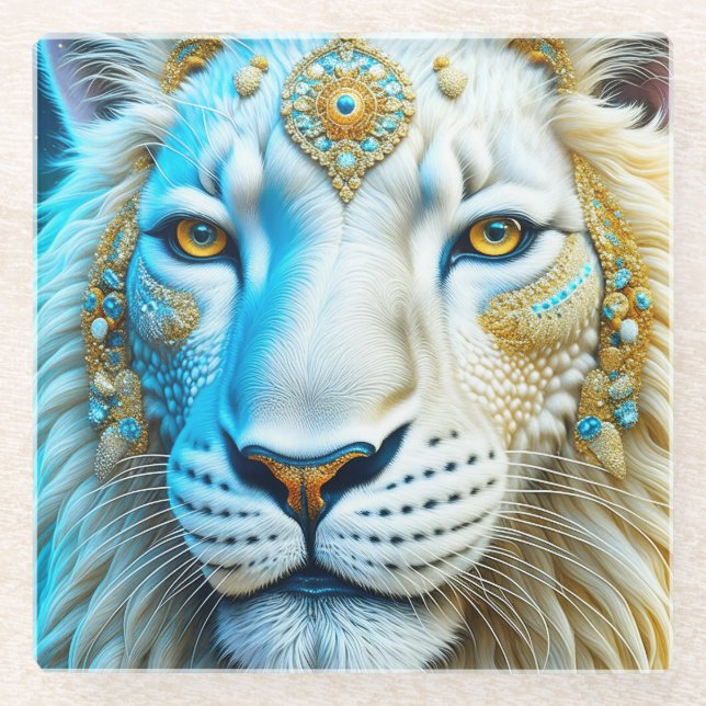 Majestic White and Gold Lion   Glass Coaster (Front)