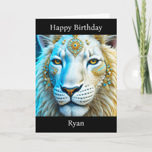 Majestic White and Gold Lion Personalised Birthday Card