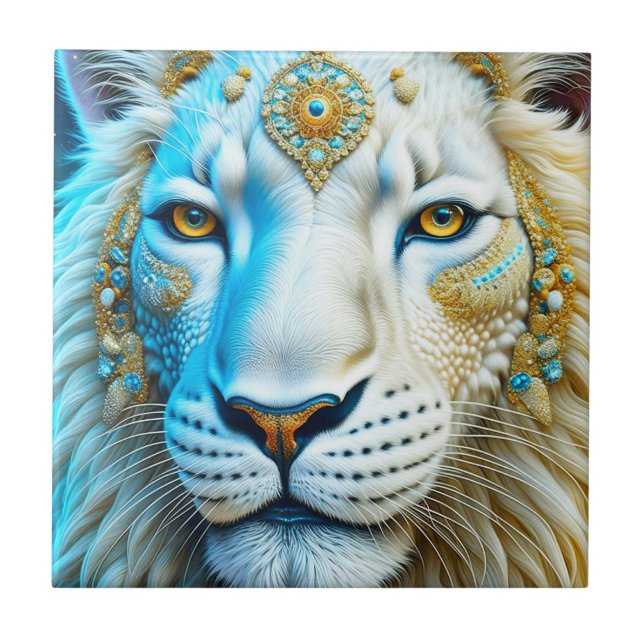 Majestic White and Gold Lion   Tile (Front)
