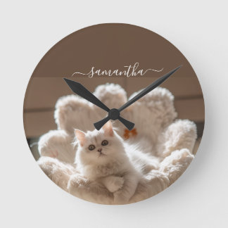 Majestic white cat lover round clock