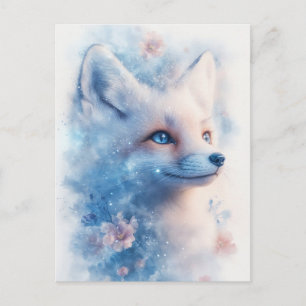 Majestic White Fox in Blue Cosmic Bloom Postcard