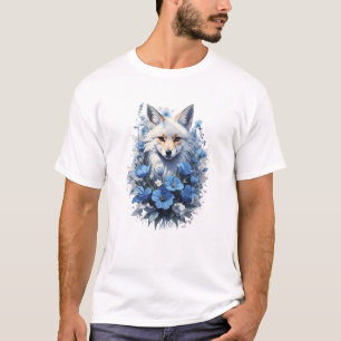 Majestic White Fox in Blue Floral Bouquet T-Shirt