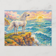 Majestic White Horse at Ocean Sunset Cliff