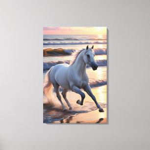 Majestic White Horse Galloping by the Ocean Waves Canvas Print