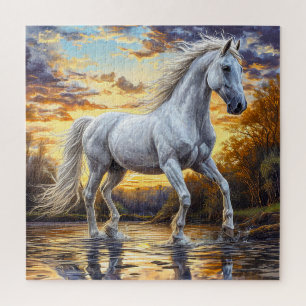 Majestic White Horse Galloping Through Water Jigsaw Puzzle
