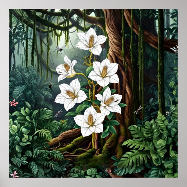 Majestic White Lily in Enchanted Jungle Art Poster (Front)