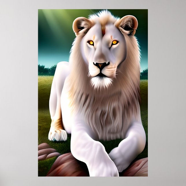Majestic White Lion Golden Eyes Ethereal Art Poster (Front)
