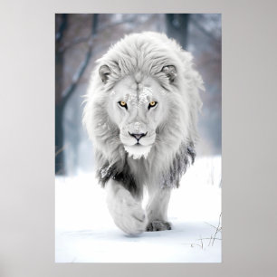 Majestic White Lion in Winter Wonderland Design Poster