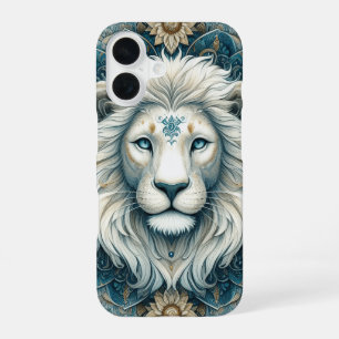 Majestic White Lion Teal Blue Floral iPhone 16 Case