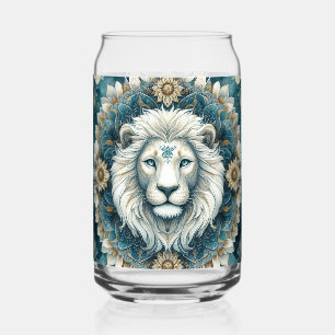 Majestic White Lion Teal Blue Floral Mandala Can Glass