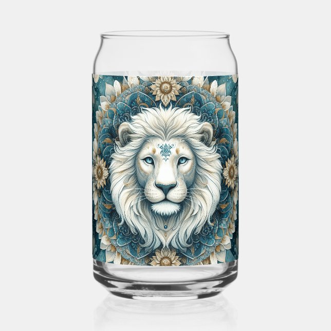 Majestic White Lion Teal Blue Floral Mandala Can Glass (Front)