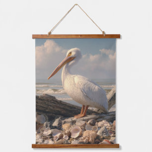 Majestic White Pelican Coastal Shell Art Hanging Tapestry