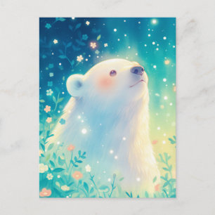 Majestic White Polar Bear in Glowing Garden Postcard