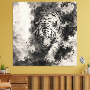 Majestic White Tiger Emerging from Ink   Chinese I Canvas Print