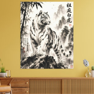 Majestic White Tiger in Misty Mountains   Traditio Canvas Print
