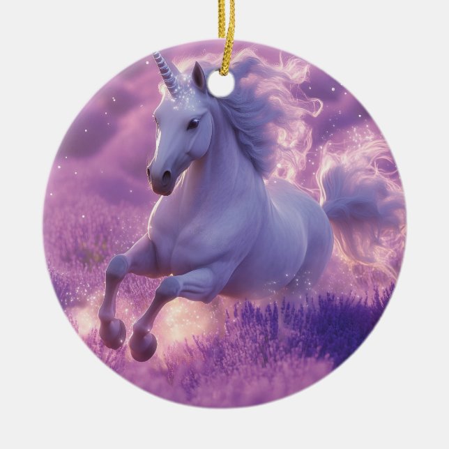 Majestic White Unicorn Galloping Through Lavender  Ceramic Tree Decoration (Front)