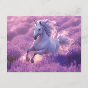 Majestic White Unicorn Galloping Through Lavender  Holiday Postcard