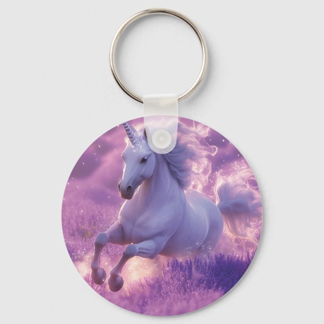 Majestic White Unicorn Galloping Through Lavender  Key Ring (Front)