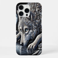 Majestic White Wolf Gazing at Moonlit Reflection