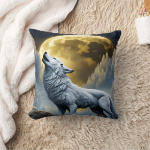 Majestic White Wolf Howls Under Full Moon Cushion