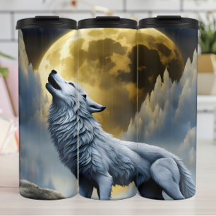 Majestic White Wolf Howls Under Full Moon Thermal Tumbler