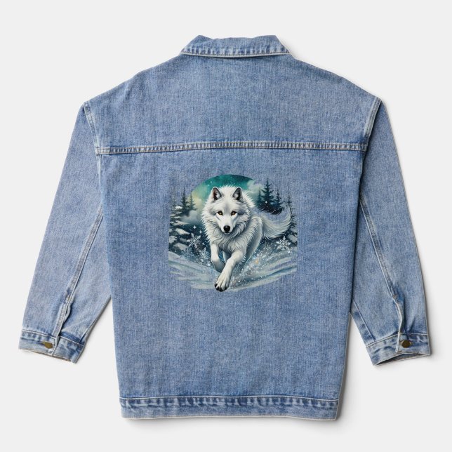 Majestic White Wolf in a Winter Wonderland Denim Jacket (Back)