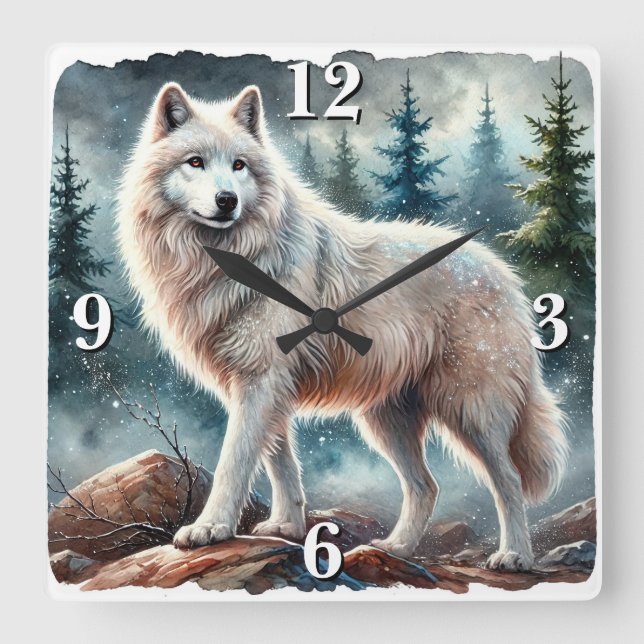 Majestic White Wolf in Winter Forest Square Wall Clock (Front)