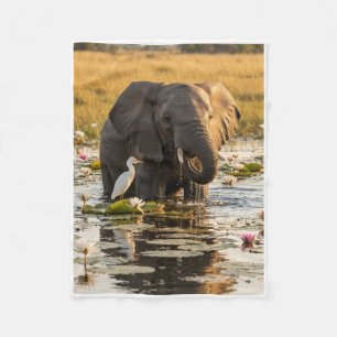 Majestic Wild Elephant With Calves By Water Fleece Blanket