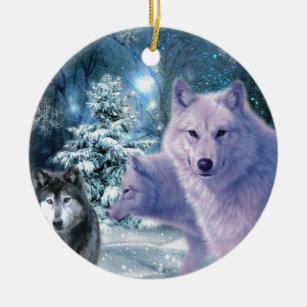 Majestic Wild Wolves in the Forest Ceramic Tree Decoration