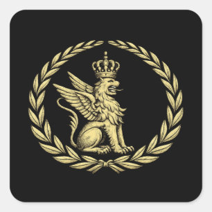 Majestic Winged Lion Heraldic Crest Gold Emblem Square Sticker