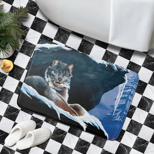 Majestic Winter Lynx Resting Snowy Mountain Bath Mat