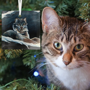 Majestic Winter Lynx Resting Snowy Mountain Glass Tree Decoration