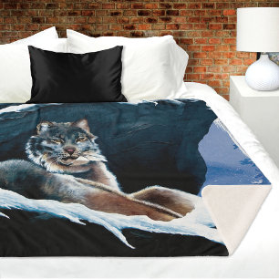 Majestic Winter Lynx Resting Snowy Mountain Sherpa Blanket