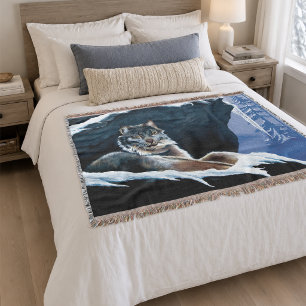 Majestic Winter Lynx Resting Snowy Mountain Throw Blanket
