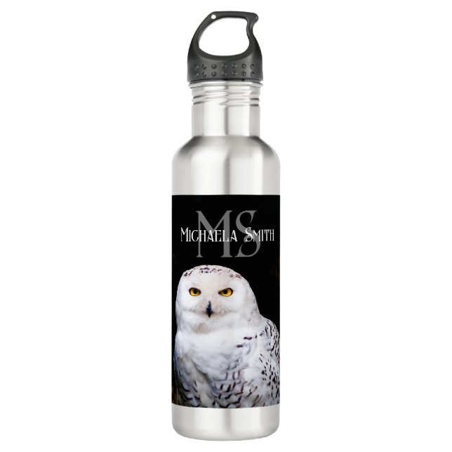 Majestic winter snowy owl monogram custom name 710 ml water bottle (Front)