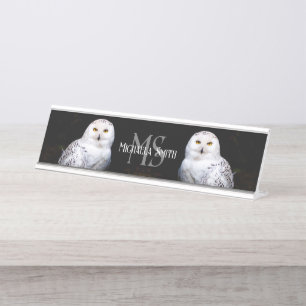 Majestic winter snowy owl monogram custom name desk name plate