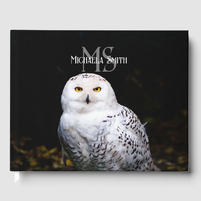 Majestic winter snowy owl monogram custom name guest book (Front)
