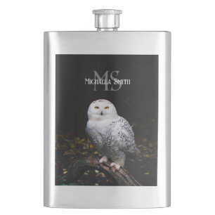 Majestic winter snowy owl monogram custom name hip flask
