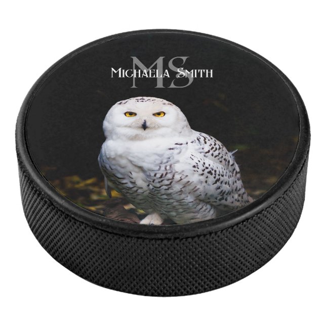 Majestic winter snowy owl monogram custom name hockey puck (3/4)