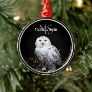 Majestic winter snowy owl monogram custom name metal tree decoration