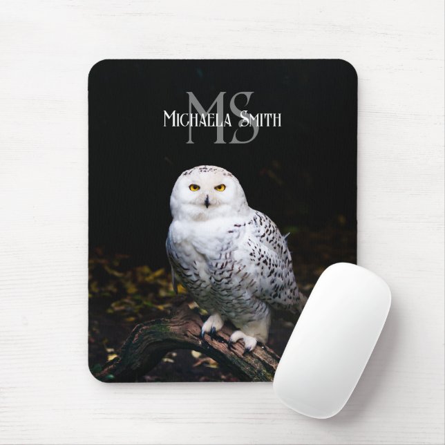 Majestic winter snowy owl monogram custom name mouse mat (With Mouse)