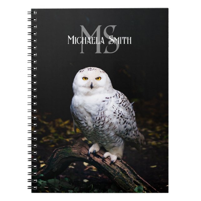 Majestic winter snowy owl monogram custom name notebook (Front)